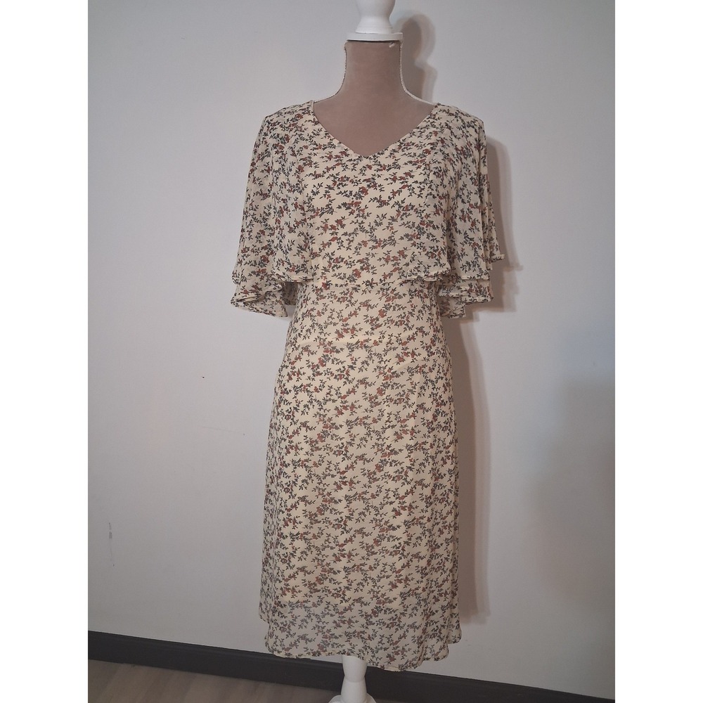 Polagram Floral V-Neck Midi Dress Cream Red Tiered Flutter Sleeve Small